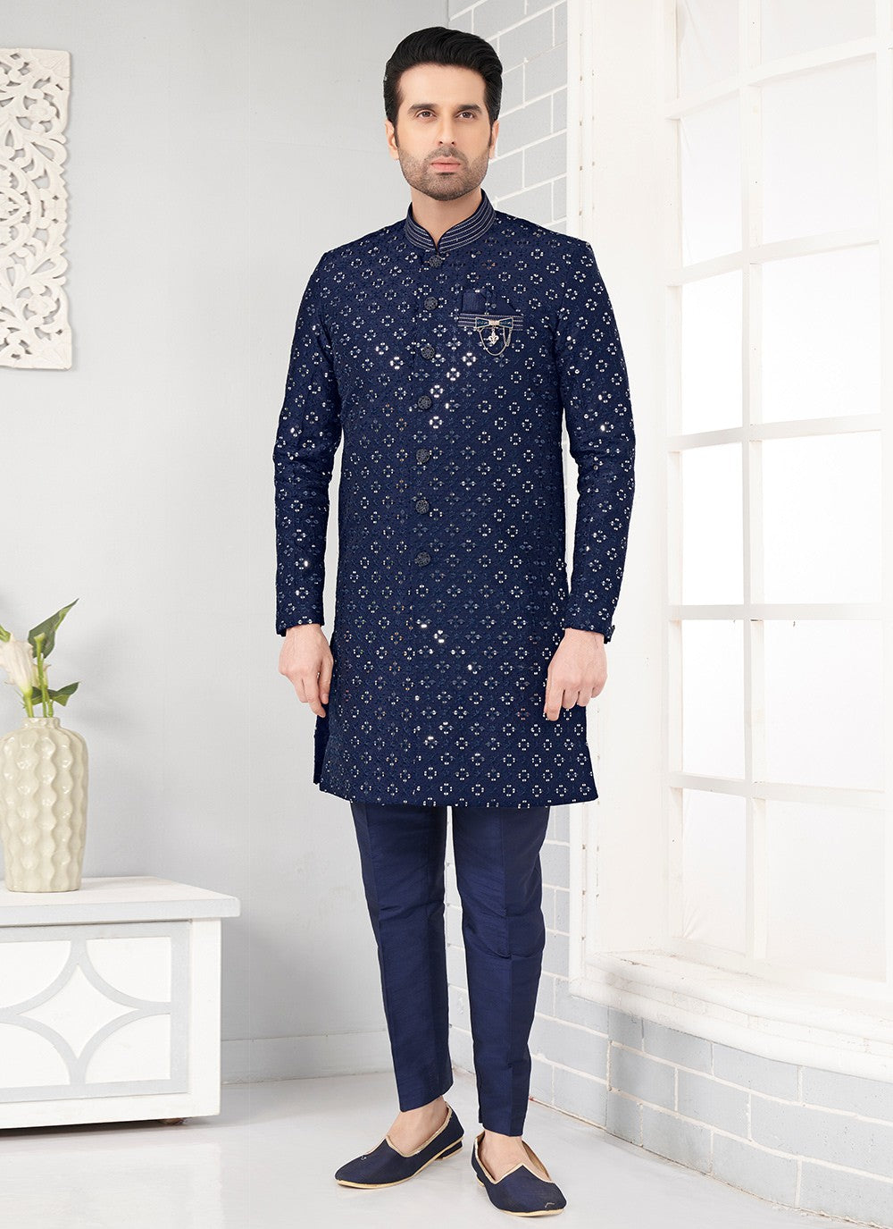 Embroidered Art Silk Navy Blue Indo Western - M6459