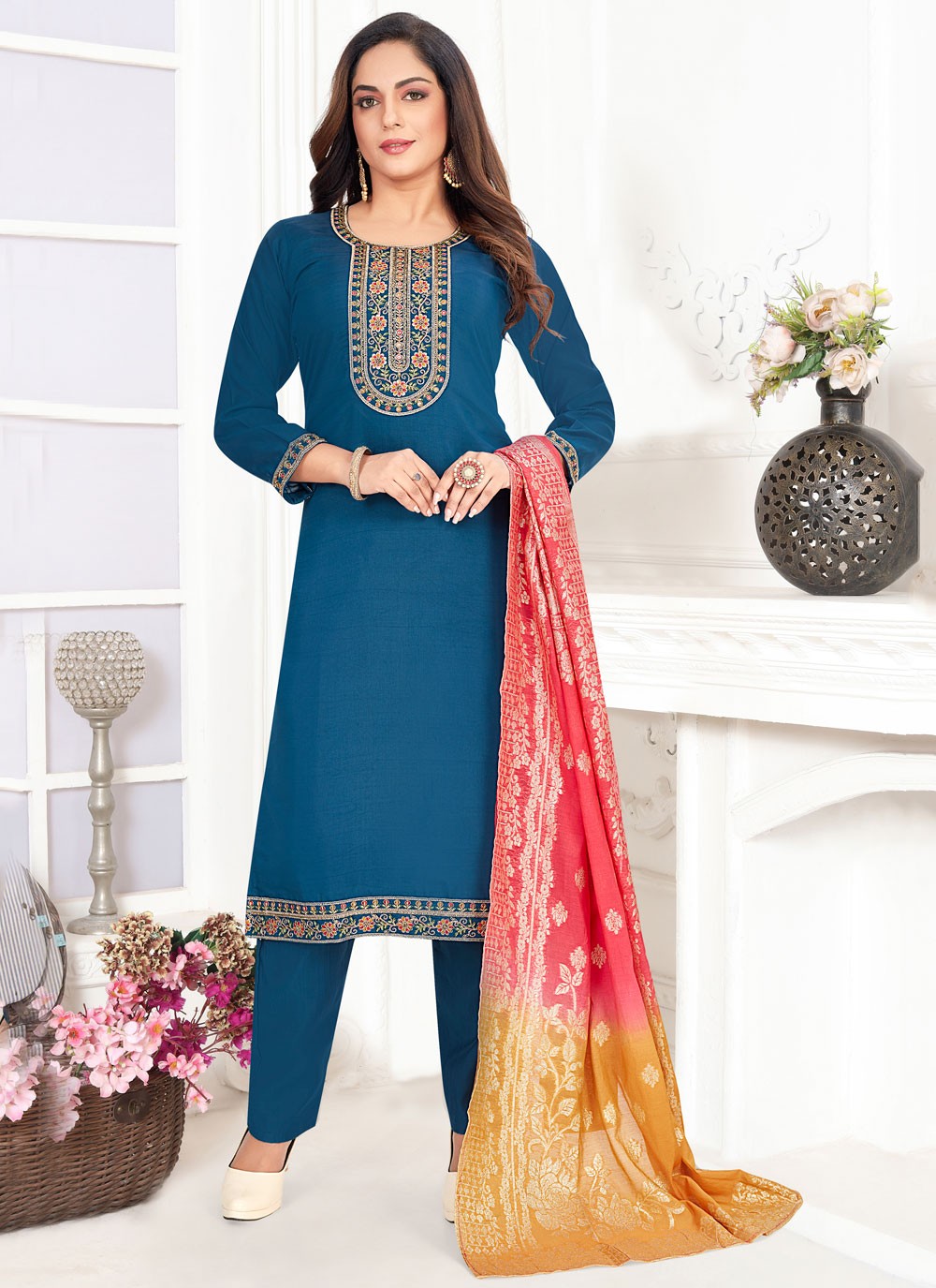 Salwar Suit Embroidered Navy Blue Silk T5715