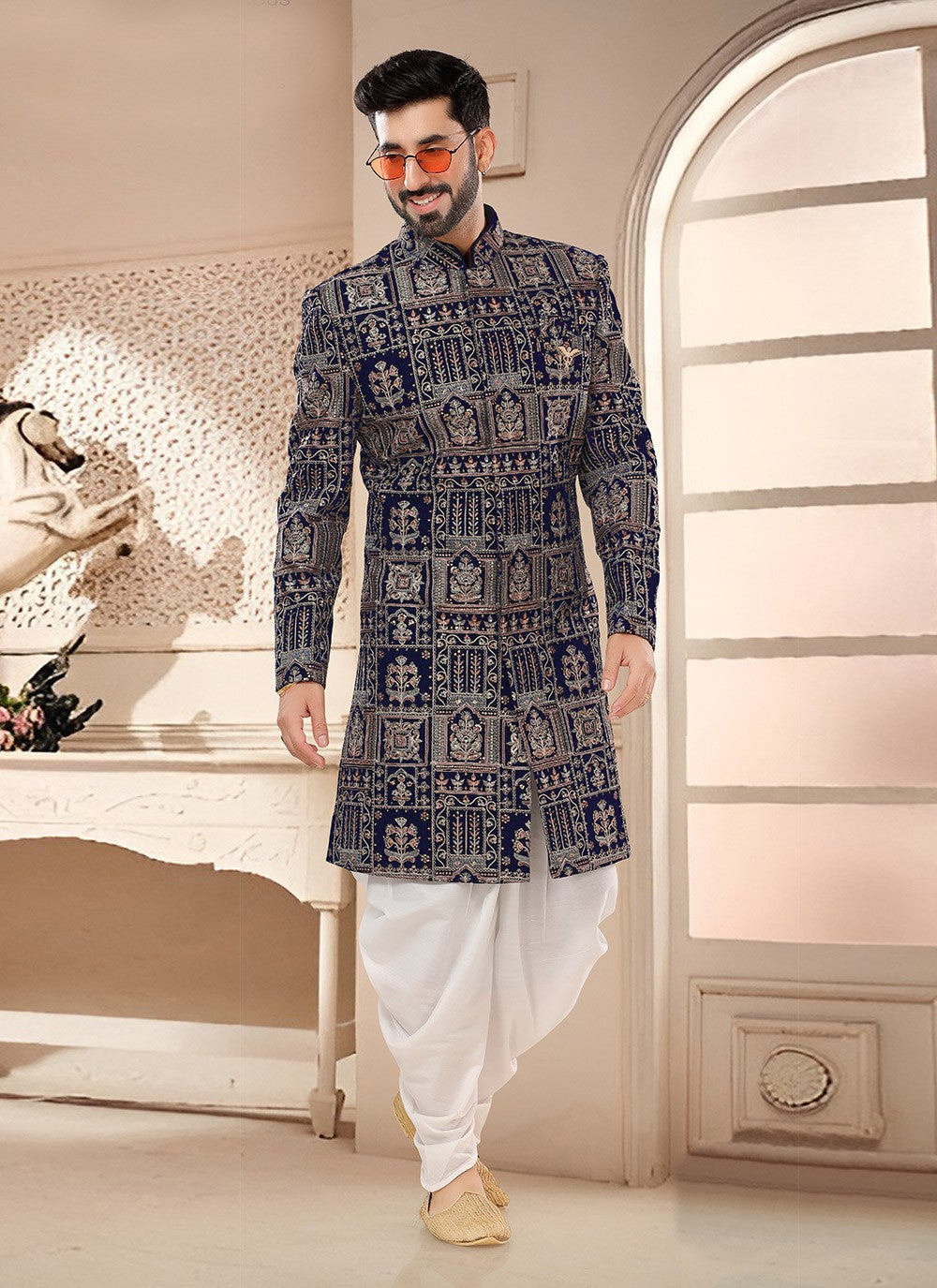 Embroidered Velvet Navy Blue Sherwani - M7582