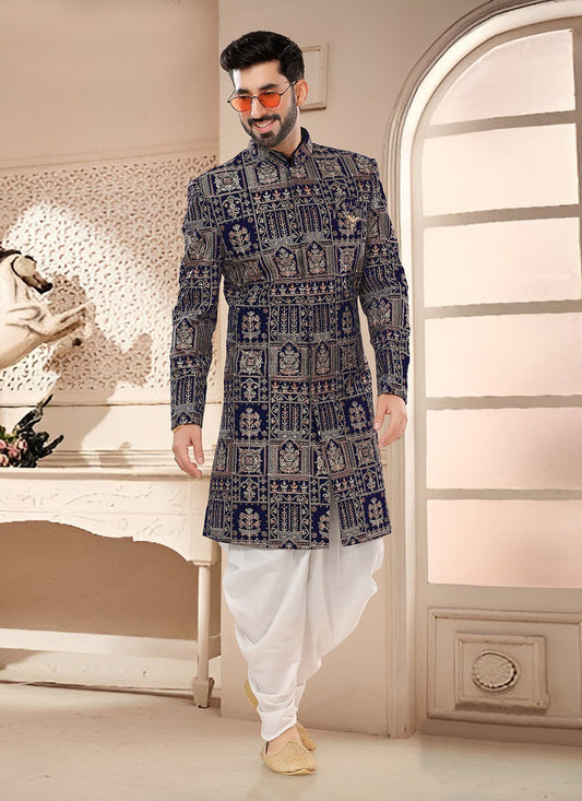 Embroidered Velvet Navy Blue Sherwani - M7582