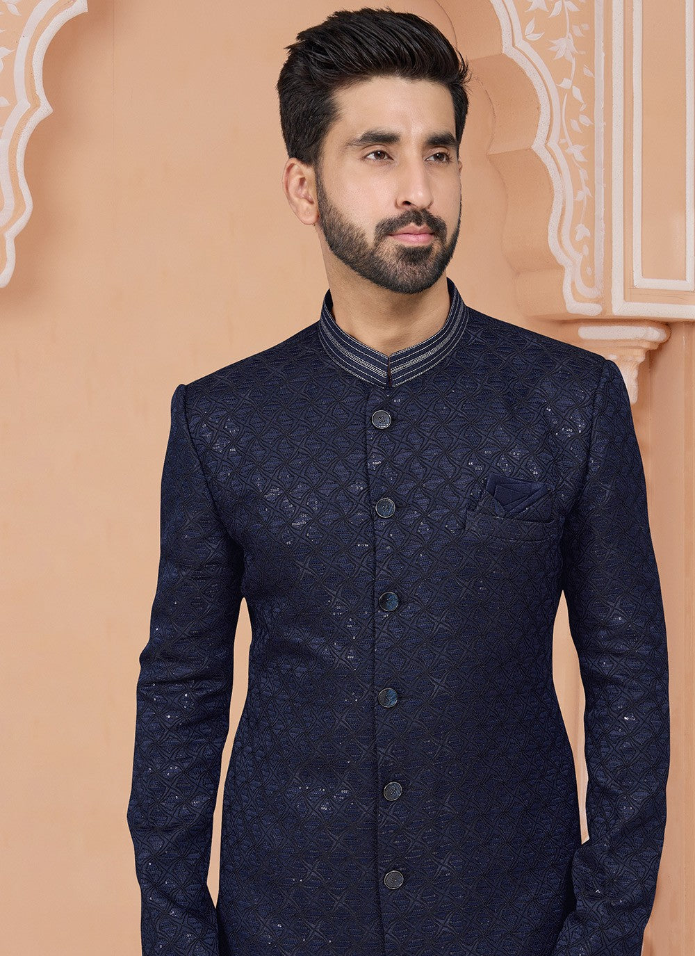 Embroidered Jacquard Navy Blue Indo Western Sherwani - M6878
