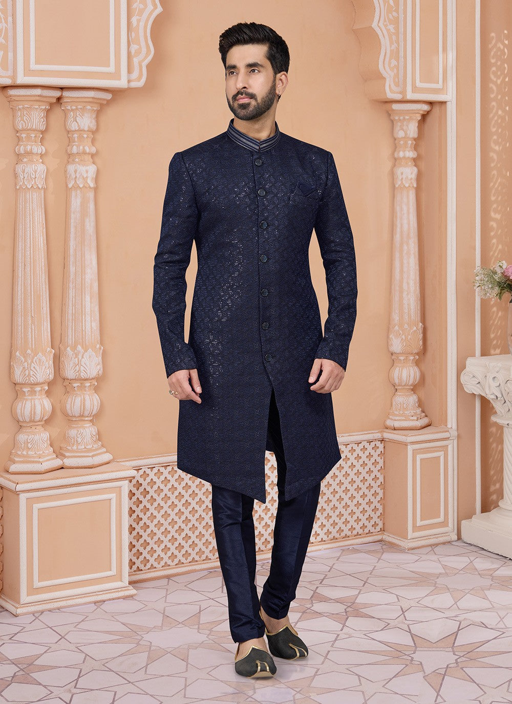 Embroidered Jacquard Navy Blue Indo Western Sherwani - M6878