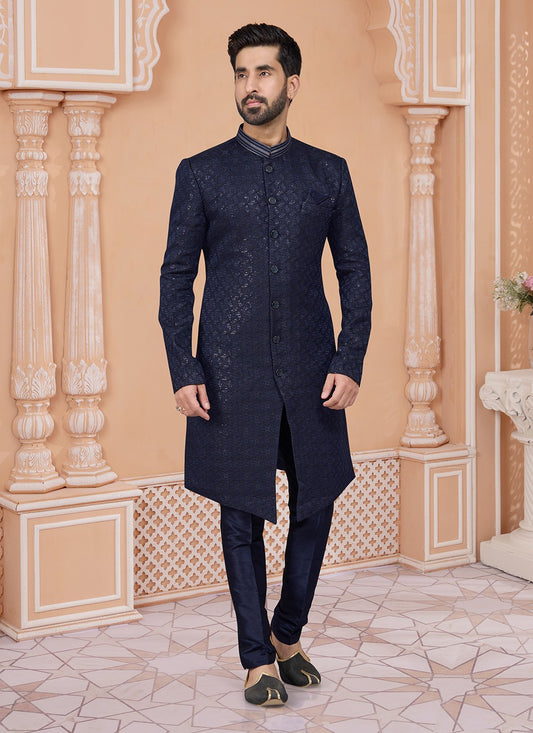 Embroidered Jacquard Navy Blue Indo Western Sherwani - M6878