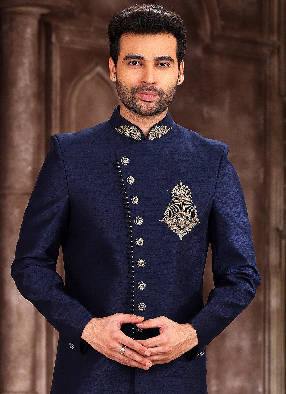 Embroidered Art Silk Navy Blue Indo Western Sherwani - M5381