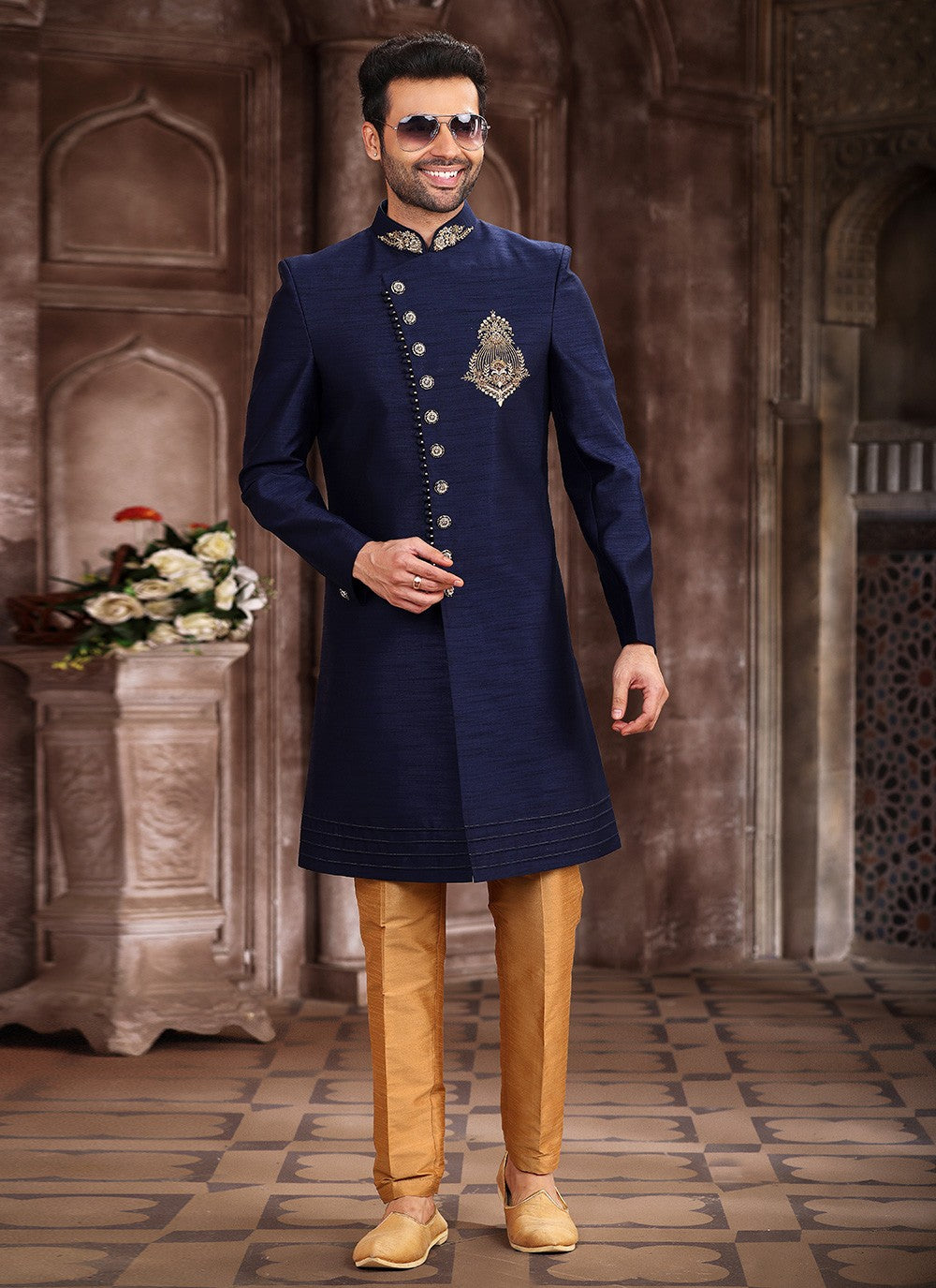 Embroidered Art Silk Navy Blue Indo Western Sherwani - M5381