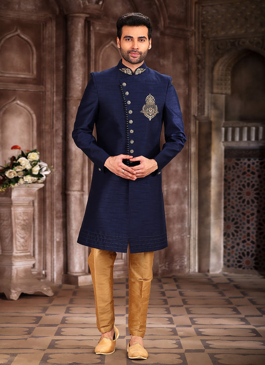 Embroidered Art Silk Navy Blue Indo Western Sherwani - M5381