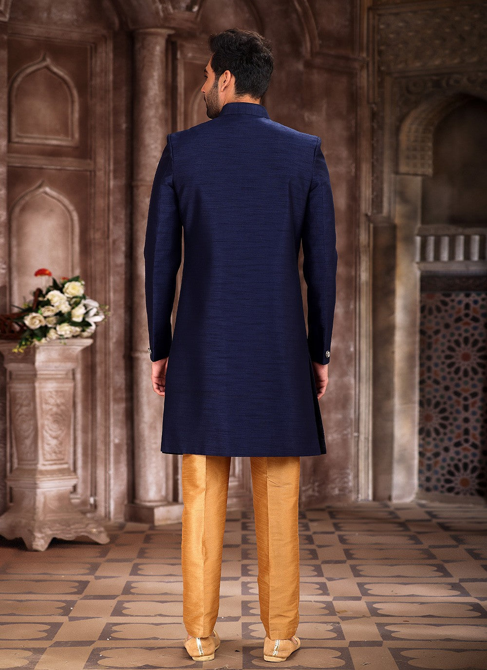 Embroidered Art Silk Navy Blue Indo Western Sherwani - M5381