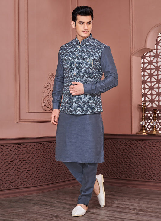 Embroidered Banarasi Silk Navy Blue Kurta Payjama With Jacket - M6418