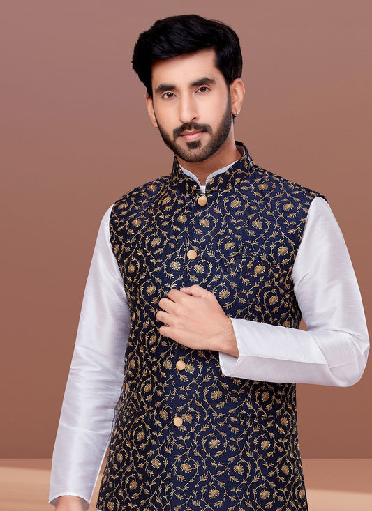 Embroidered Silk Navy Blue Nehru Jackets - M7374