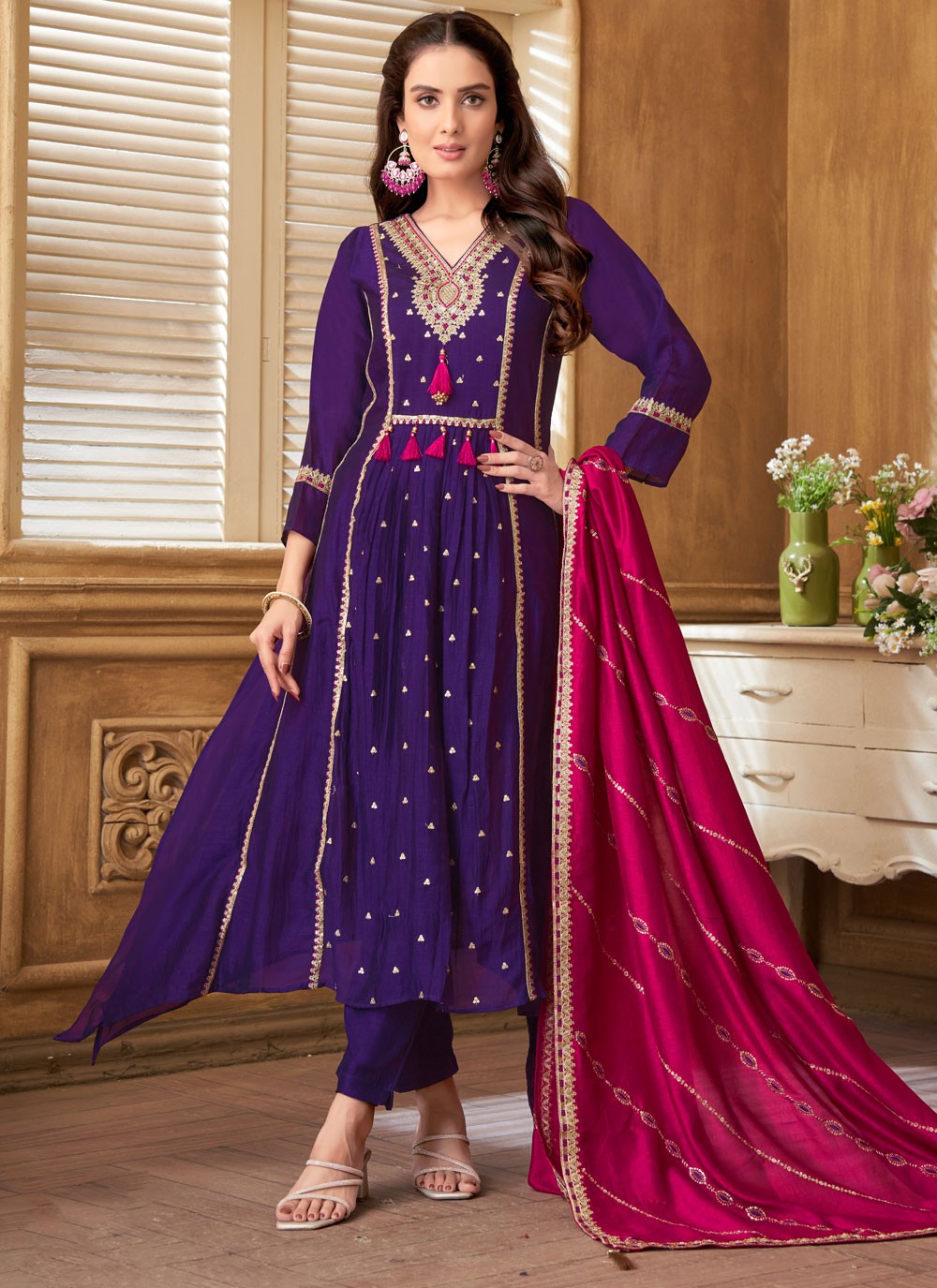 Embroidered Silk Pant Style Suit - T4281