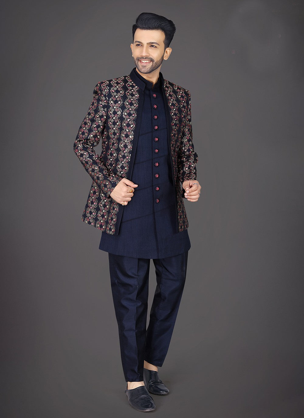 Embroidered Silk Navy Blue Sherwani - M7956