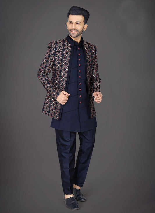 Embroidered Silk Navy Blue Sherwani - M7956