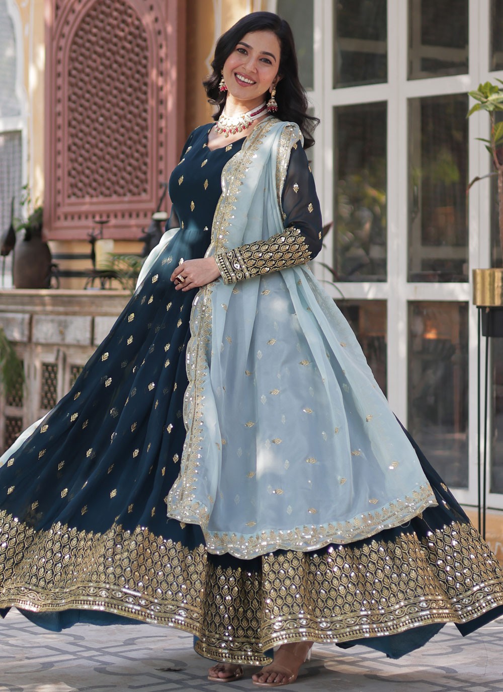 Embroidered Faux Georgette Gown - G1819