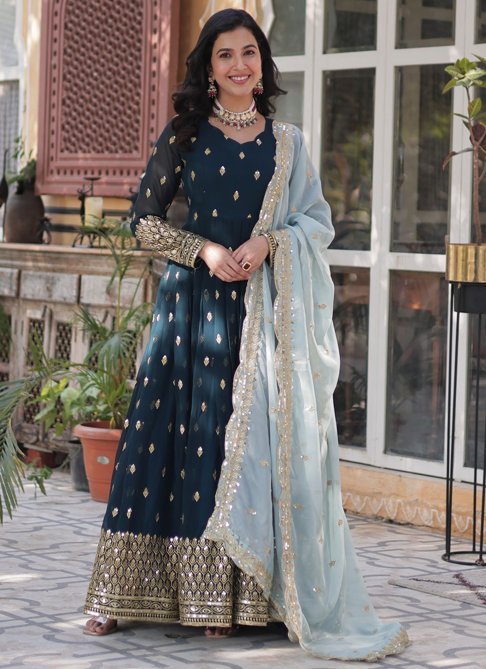 Embroidered Faux Georgette Gown - G1819