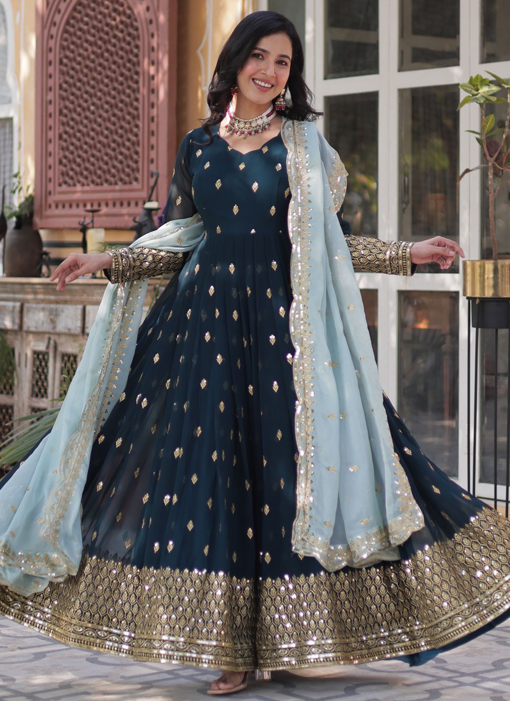 Embroidered Faux Georgette Gown - G1819