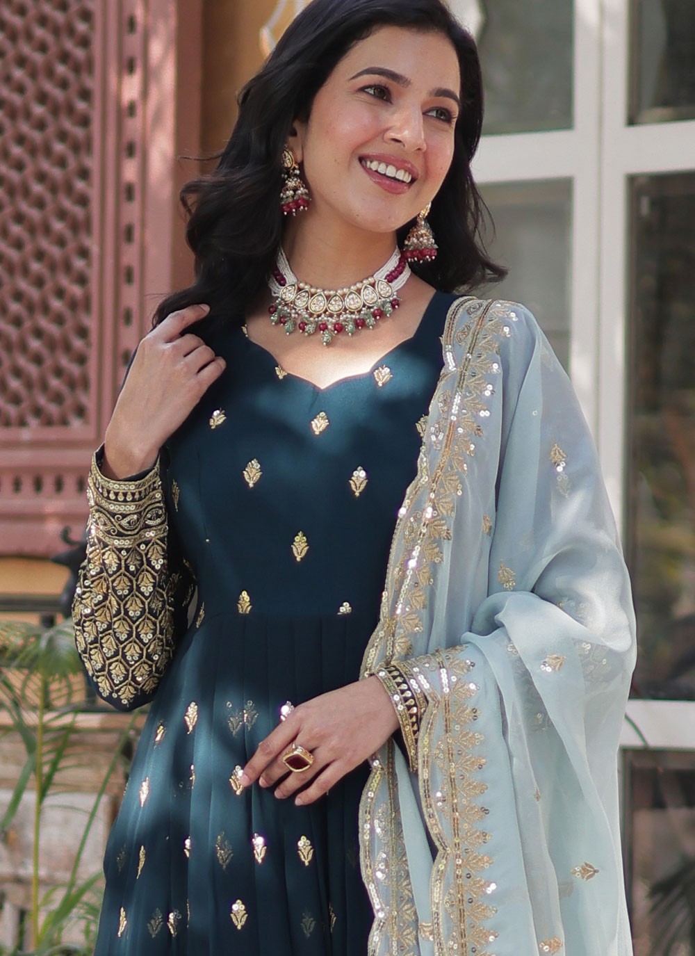 Embroidered Faux Georgette Gown - G1819