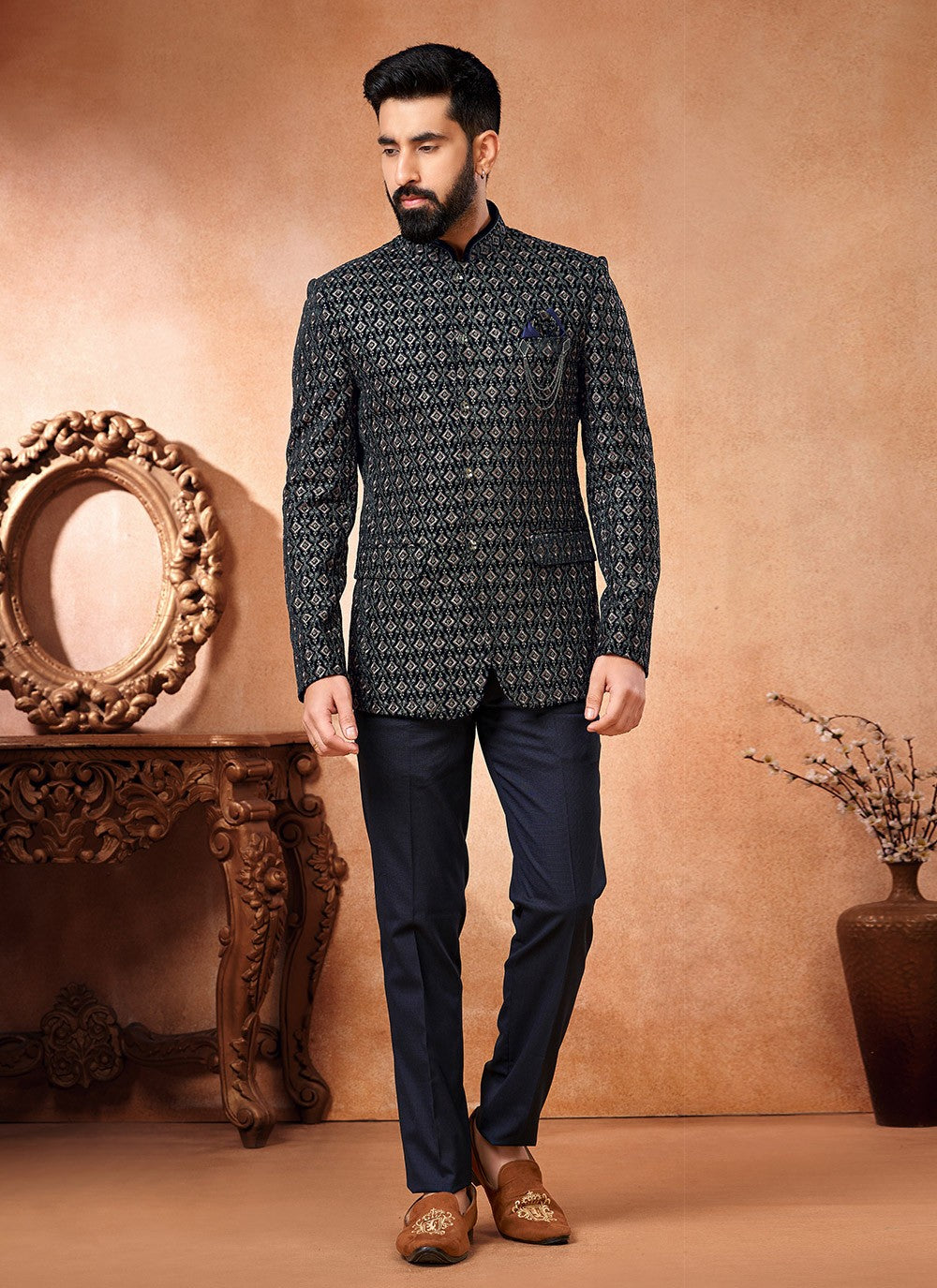 Embroidered Velvet Navy Blue Jodhpuri Jacket - M6654