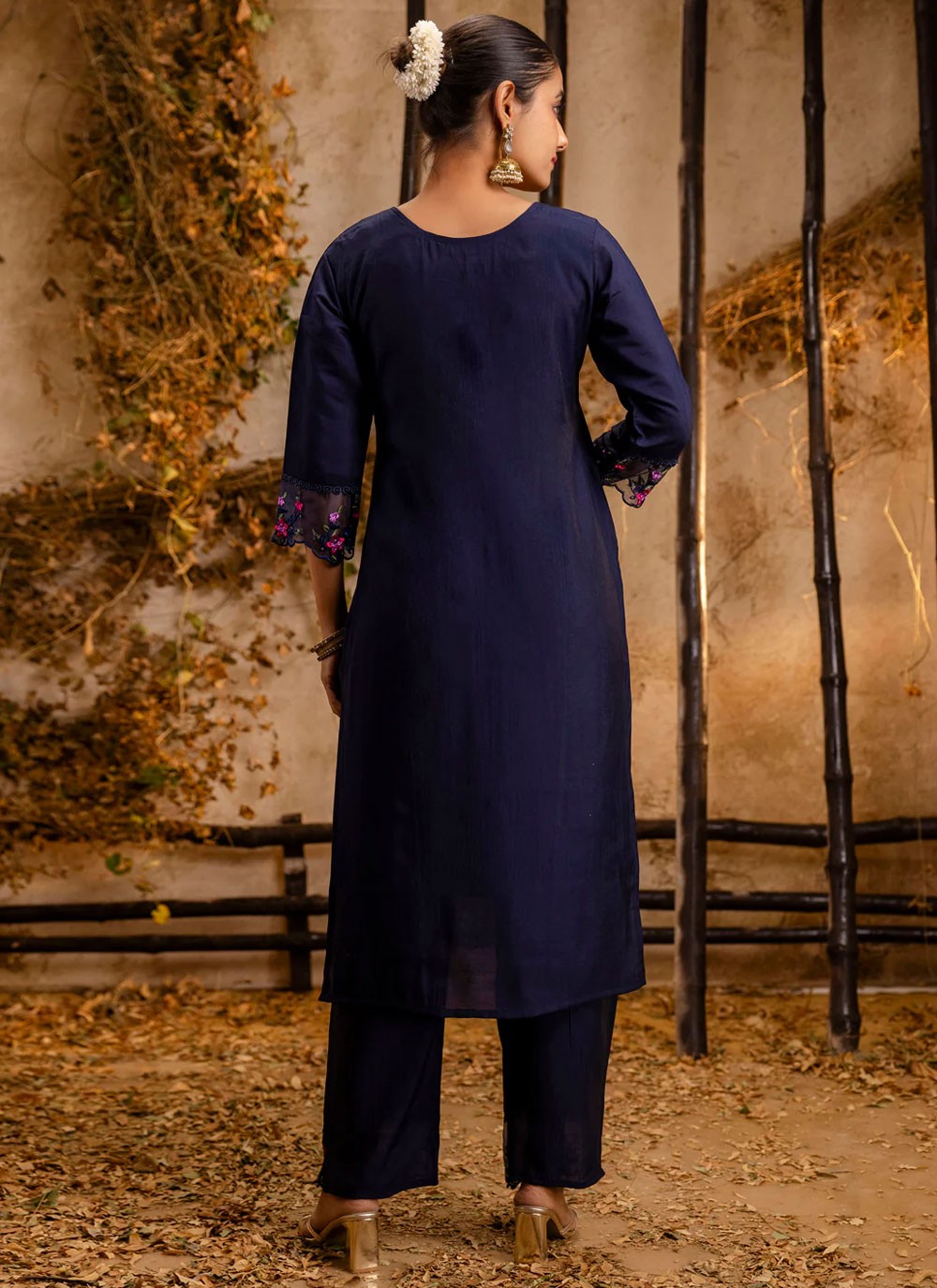 Pant Style Suit Embroidered Navy Blue T7032