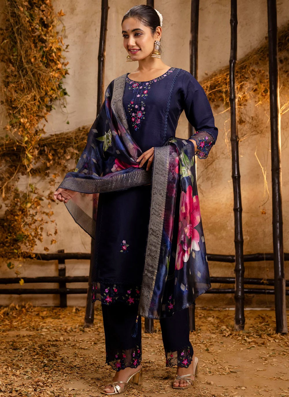 Pant Style Suit Embroidered Navy Blue T7032