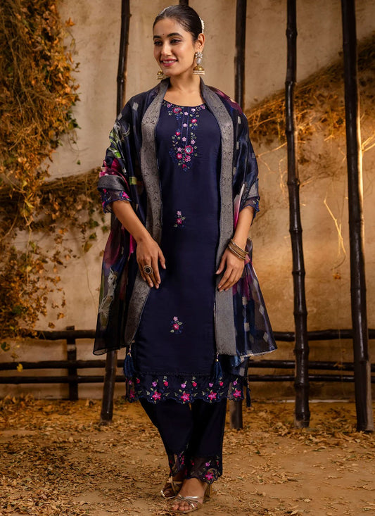 Pant Style Suit Embroidered Navy Blue T7032