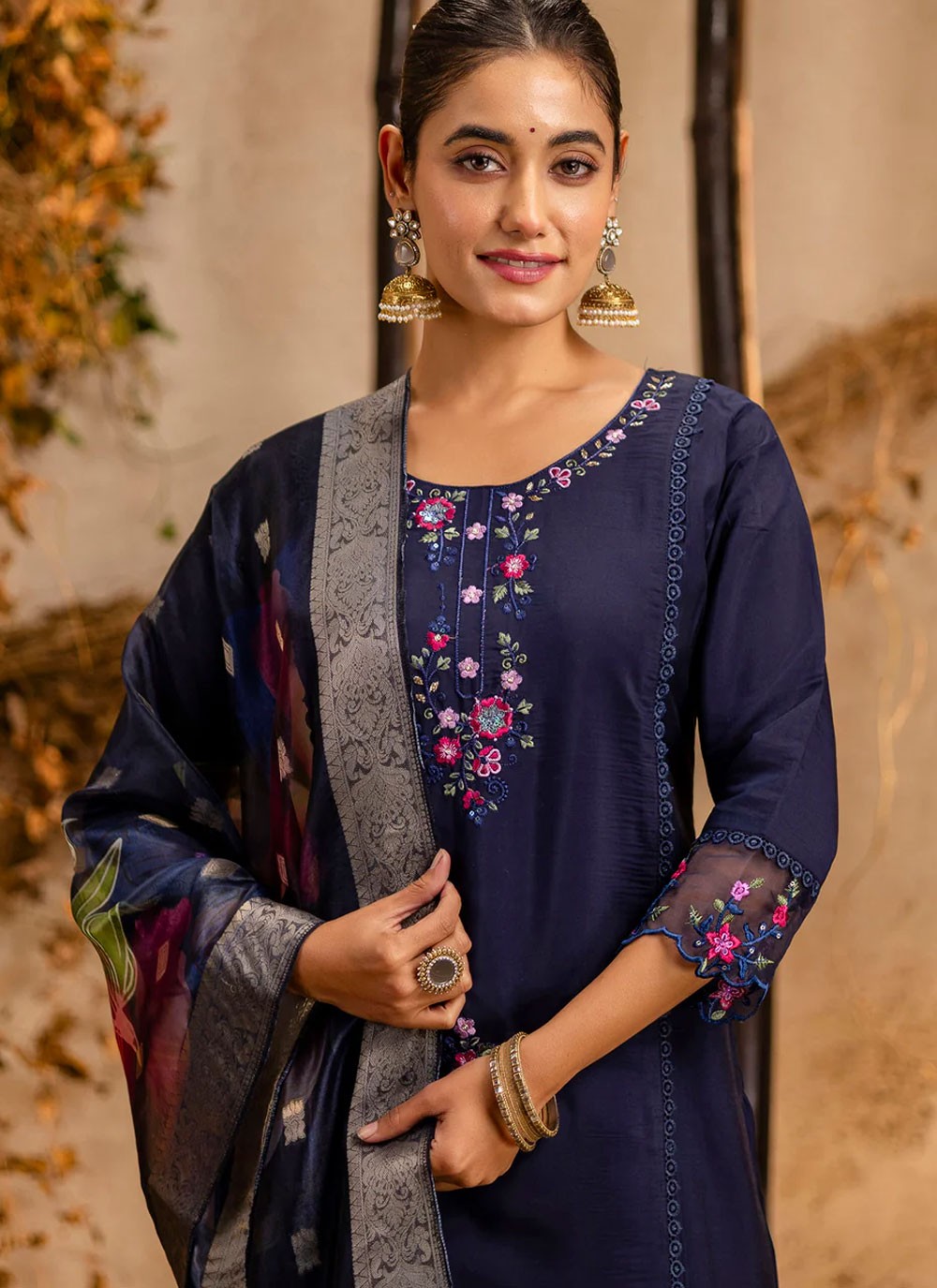 Pant Style Suit Embroidered Navy Blue T7032