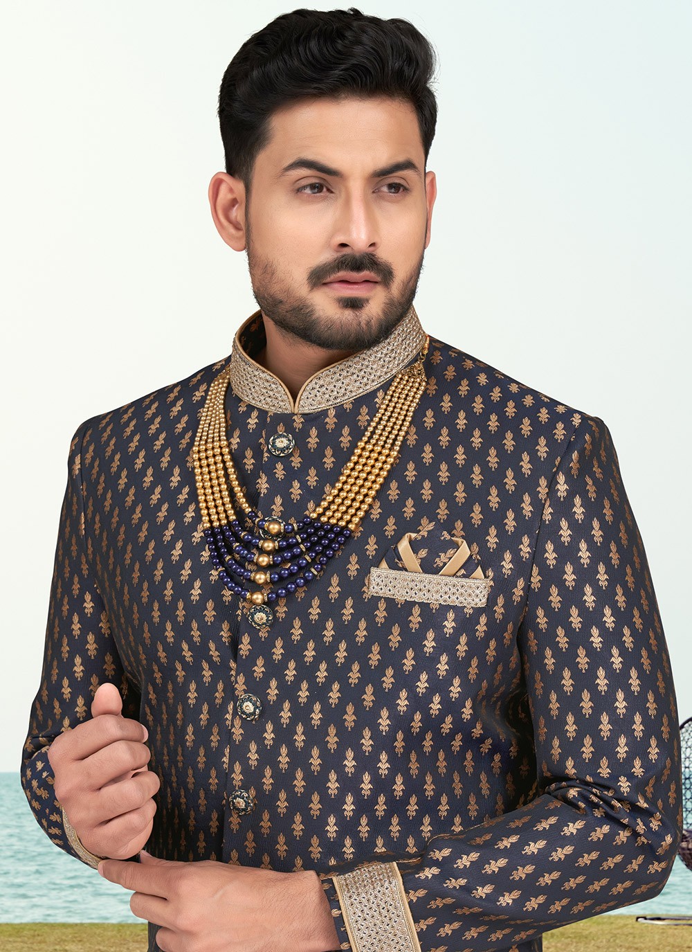Buttons Banarasi Jacquard Navy Blue Sherwani - M6597