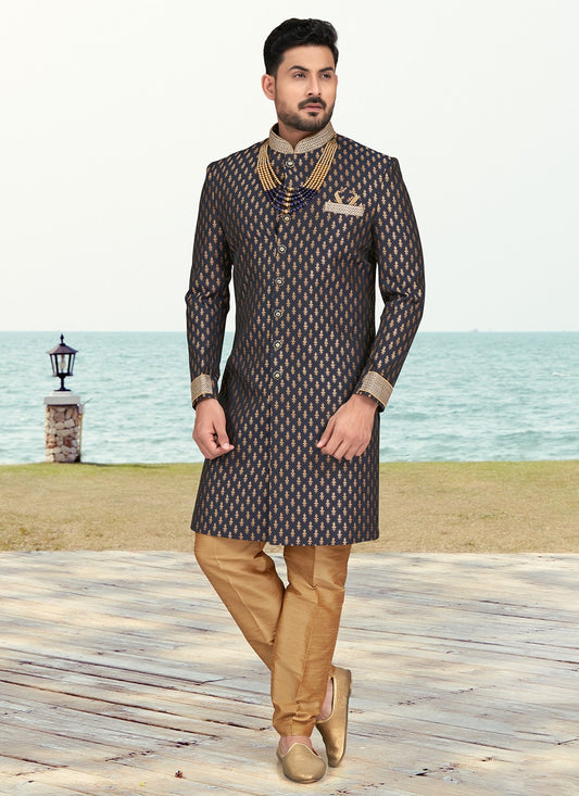 Buttons Banarasi Jacquard Navy Blue Sherwani - M6597