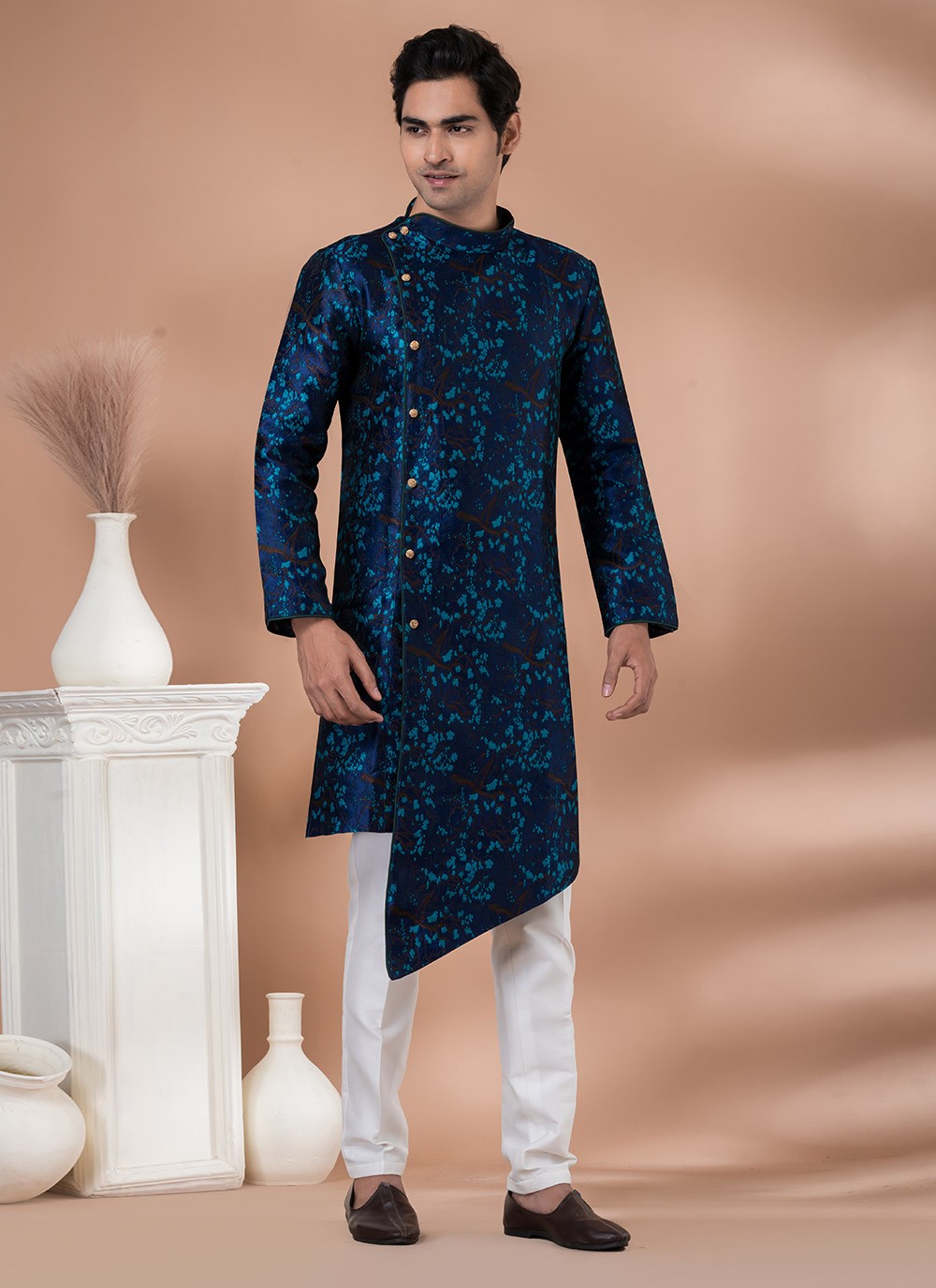 Embroidered Jacquard Silk Navy Blue Indo Western - M7046