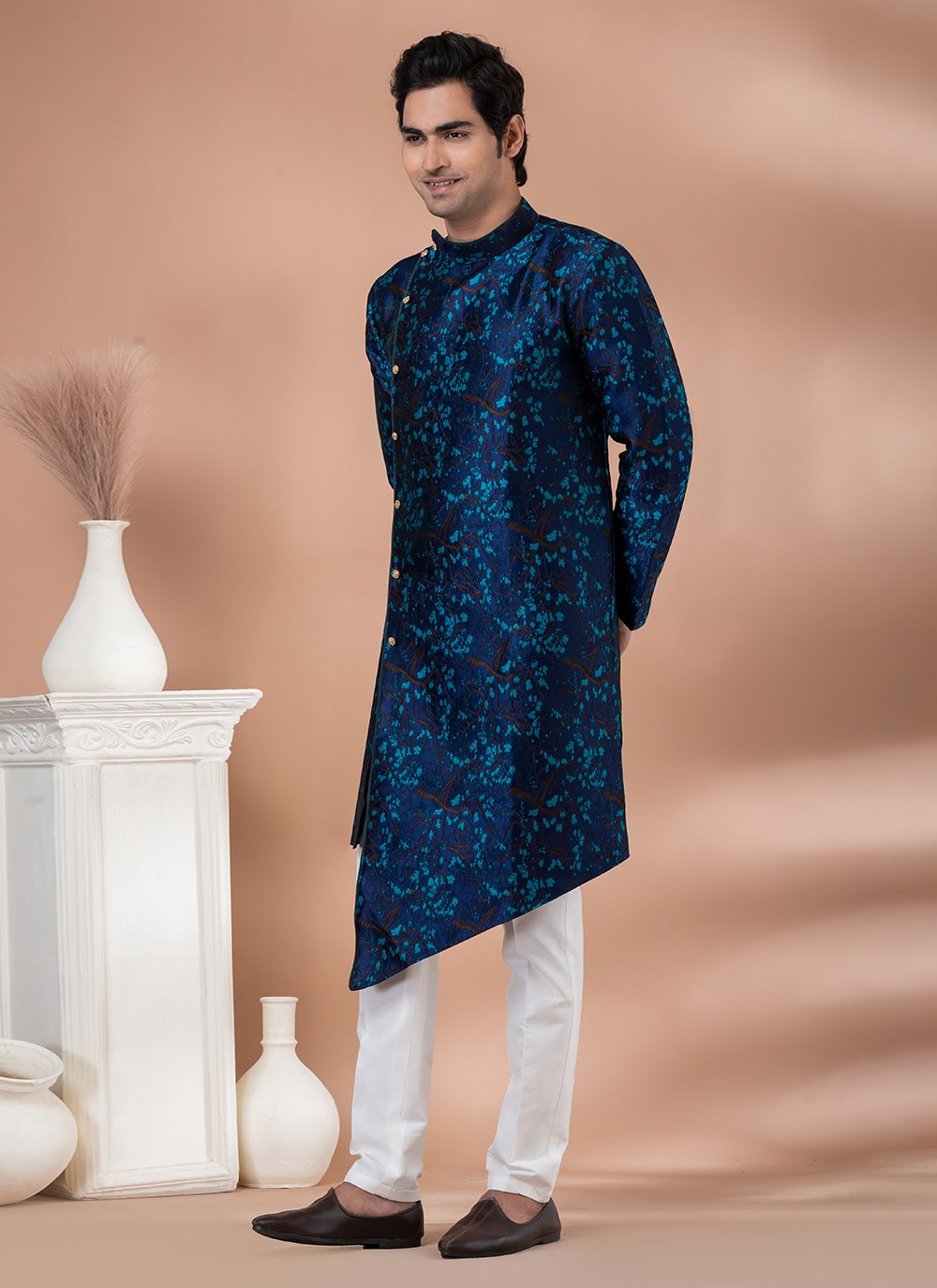 Embroidered Jacquard Silk Navy Blue Indo Western - M7046