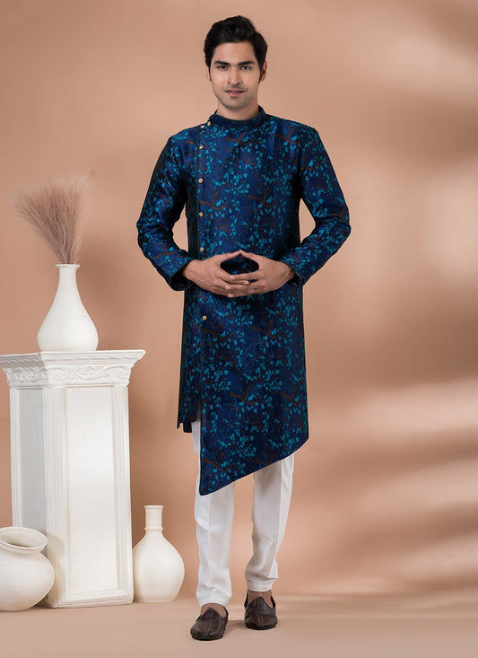 Embroidered Jacquard Silk Navy Blue Indo Western - M7046