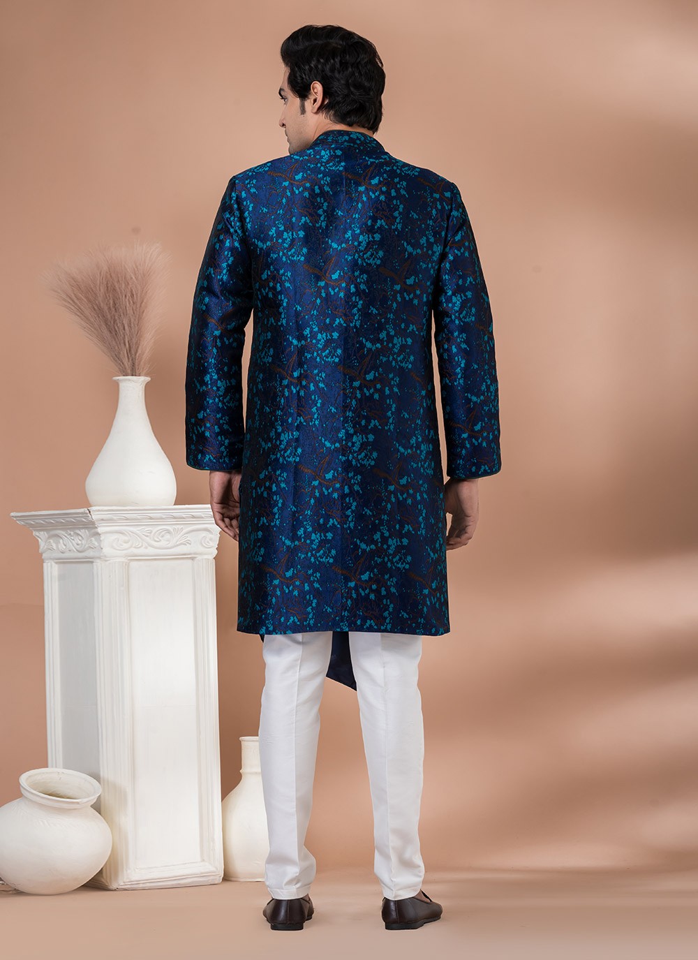 Embroidered Jacquard Silk Navy Blue Indo Western - M7046