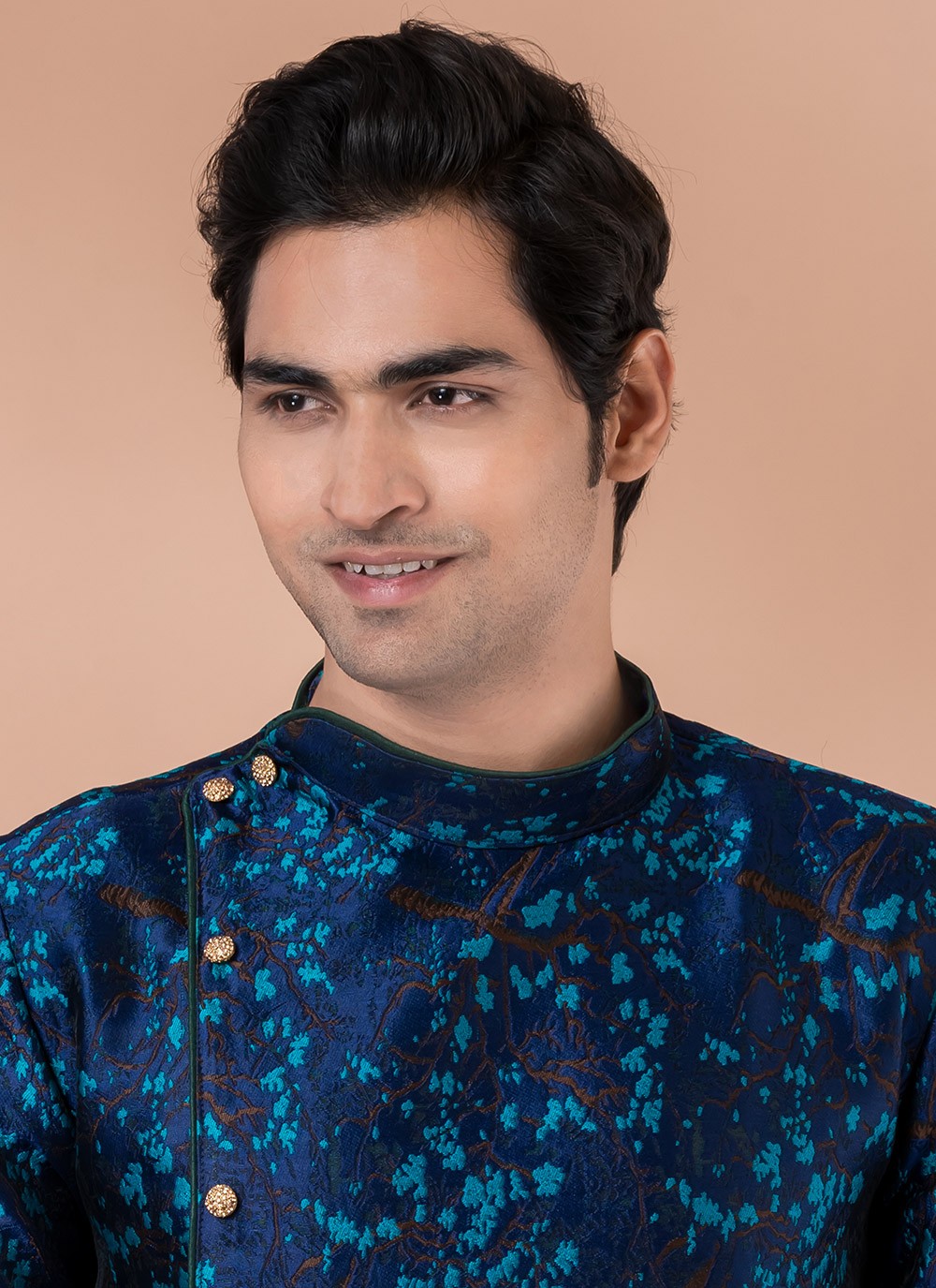 Embroidered Jacquard Silk Navy Blue Indo Western - M7046