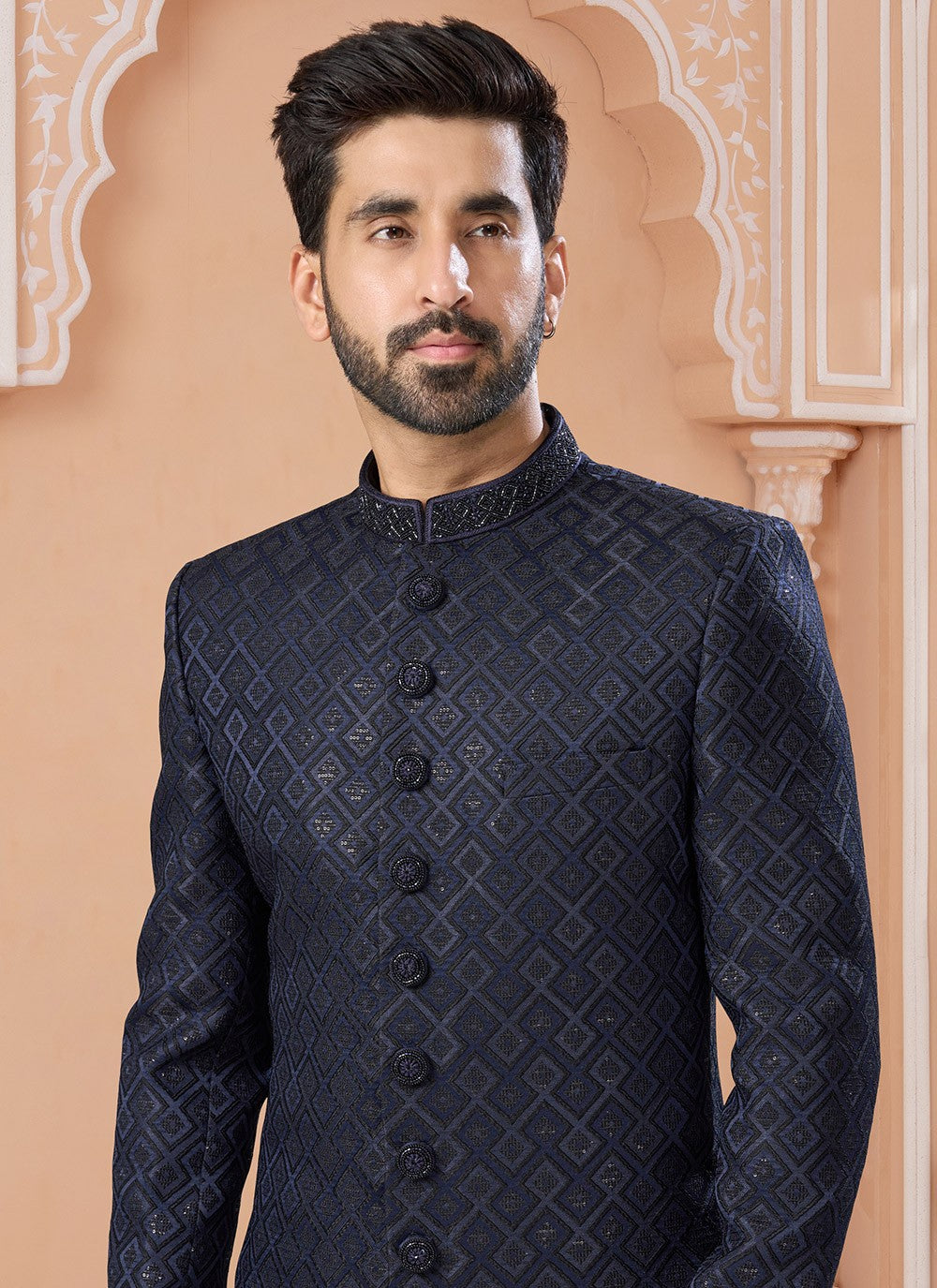 Embroidered Jacquard Navy Blue Indo Western Sherwani - M6907