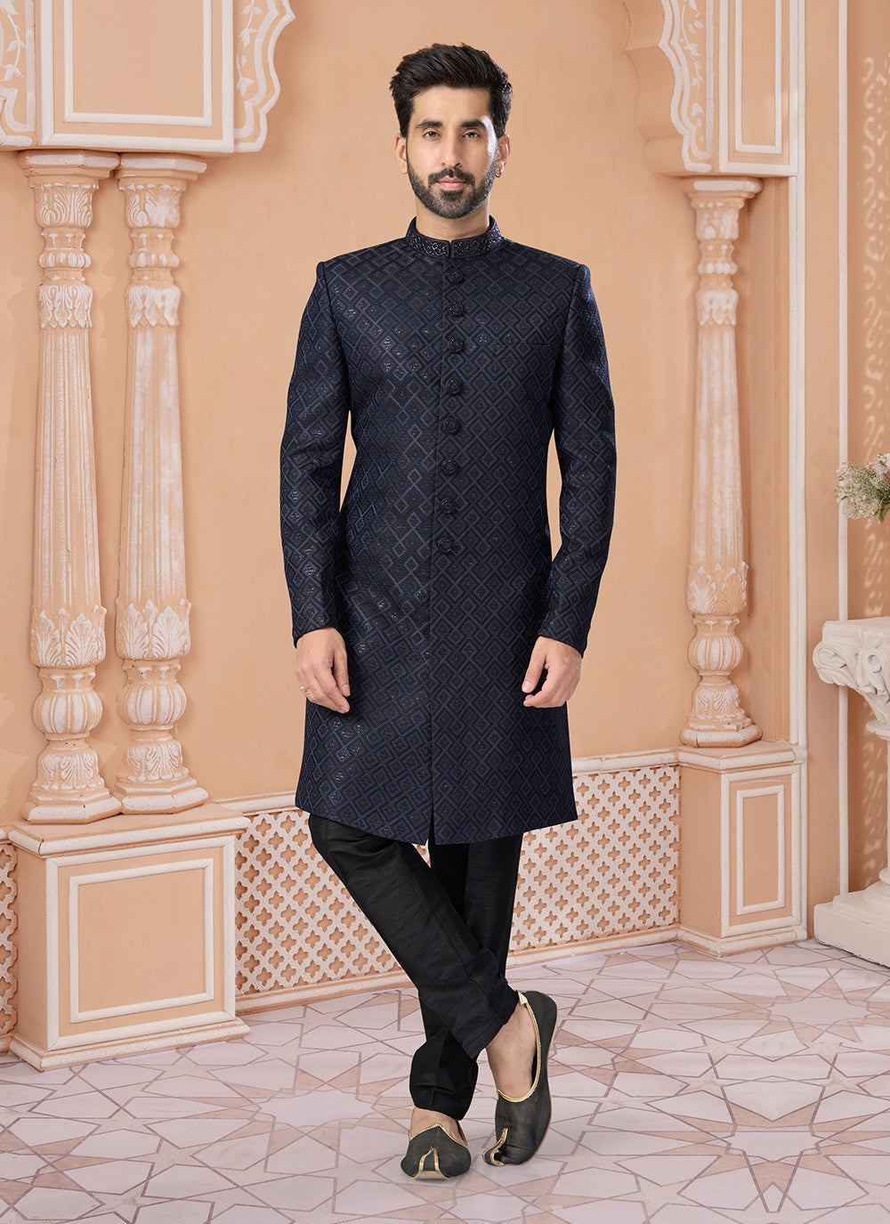 Embroidered Jacquard Navy Blue Indo Western Sherwani - M6907