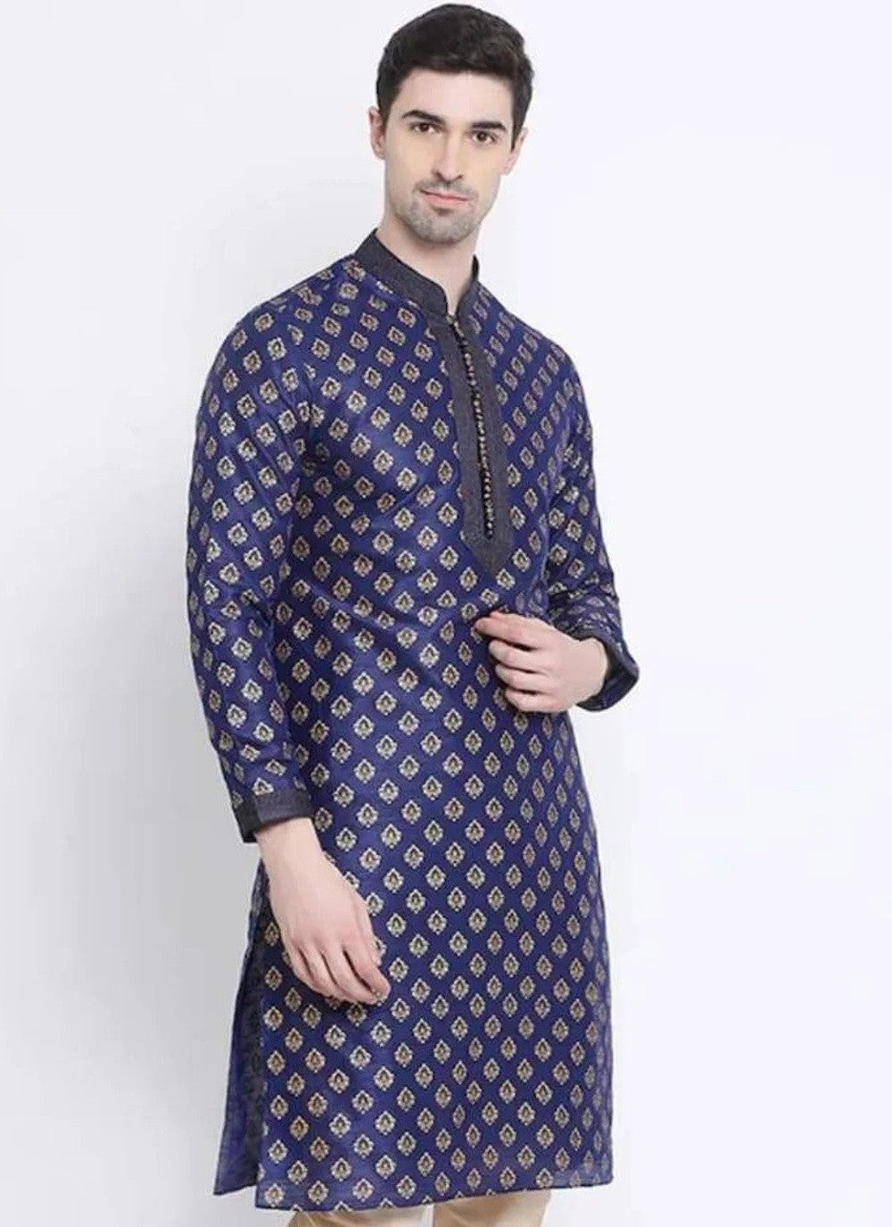 Printed Art Dupion Silk Navy Blue Kurta - M4224