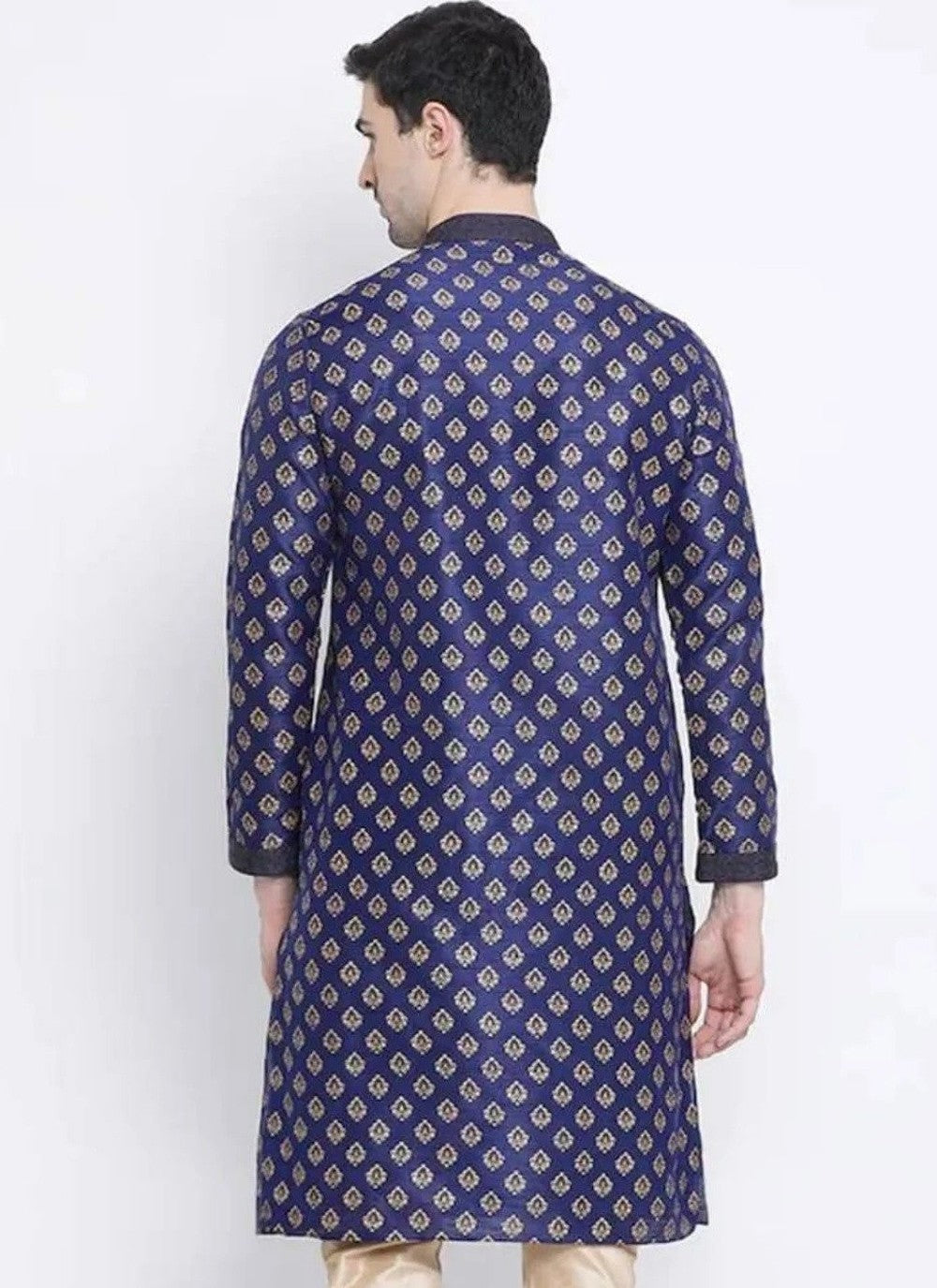 Printed Art Dupion Silk Navy Blue Kurta - M4224