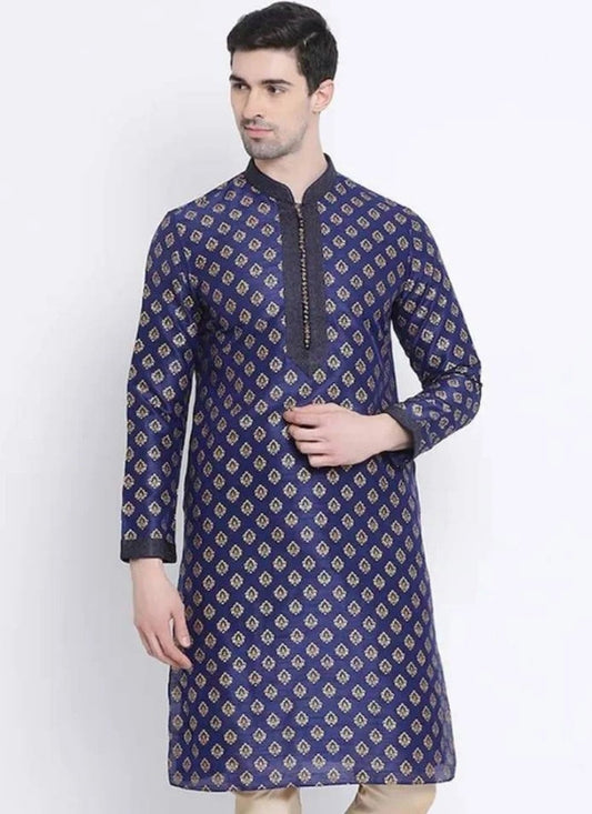 Printed Art Dupion Silk Navy Blue Kurta - M4224