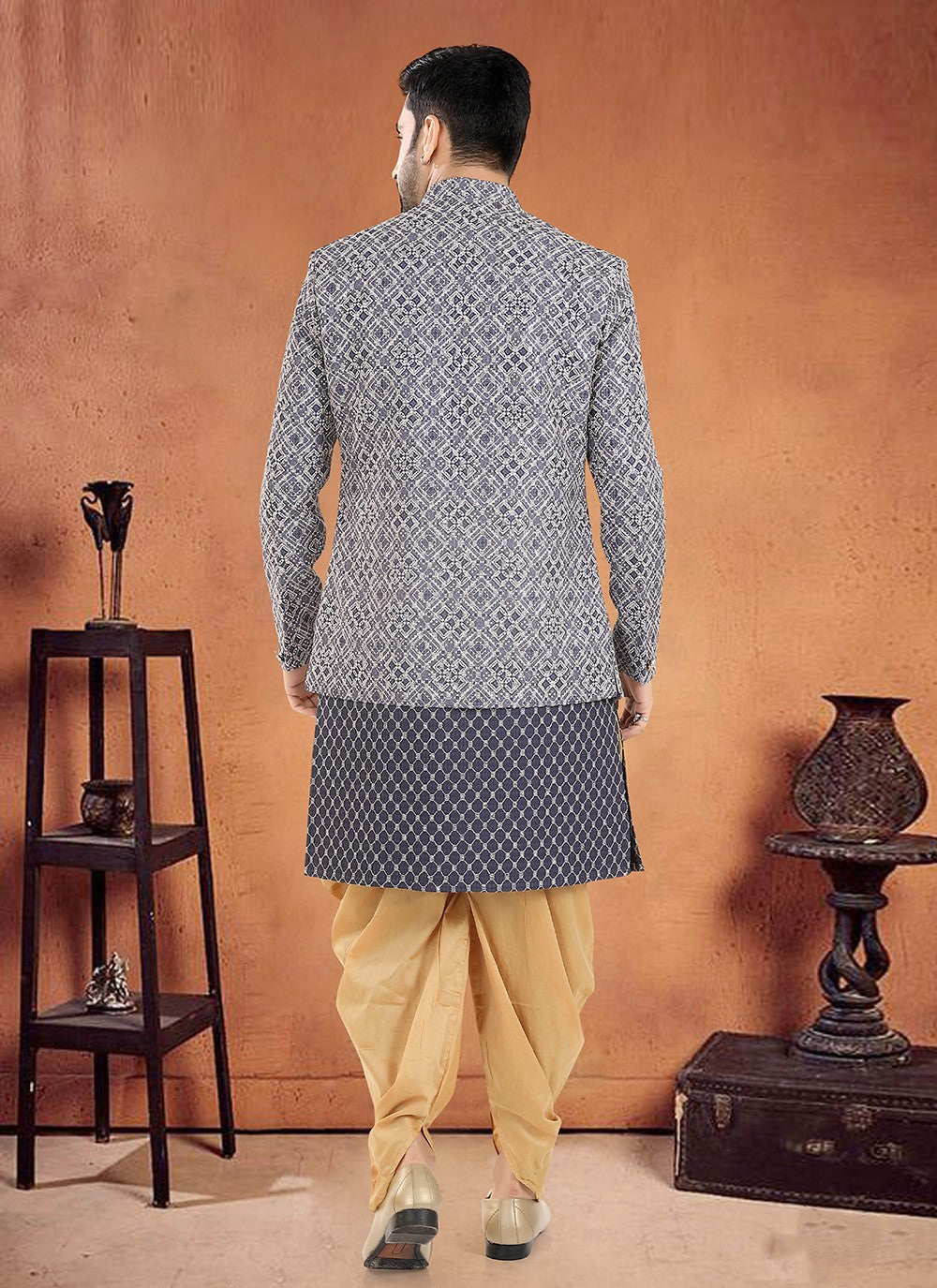 Embroidered Cotton Navy Blue Sherwani - M8123