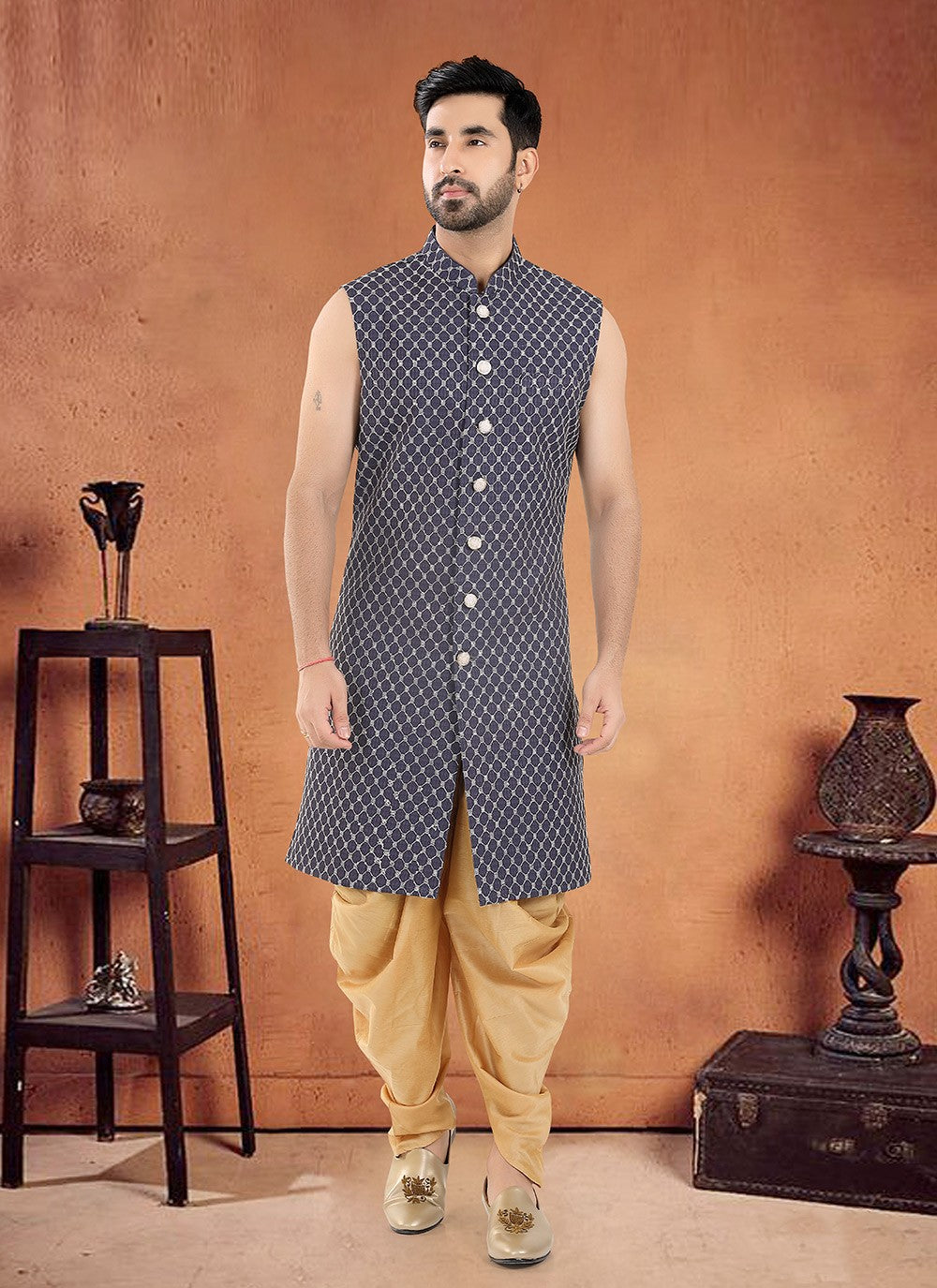 Embroidered Cotton Navy Blue Sherwani - M8123