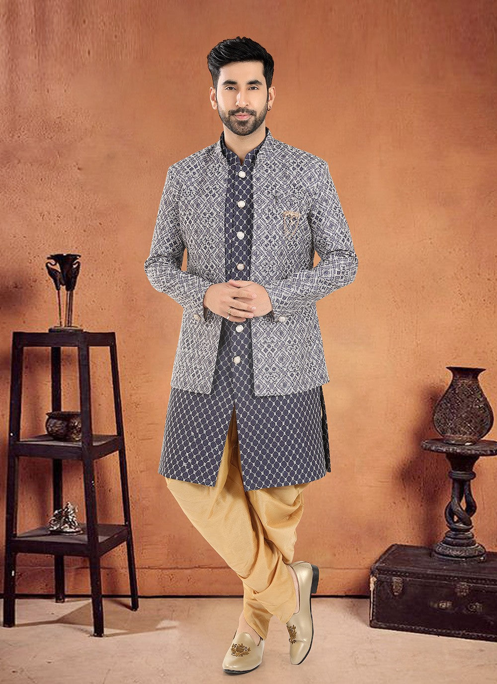 Embroidered Cotton Navy Blue Sherwani - M8123
