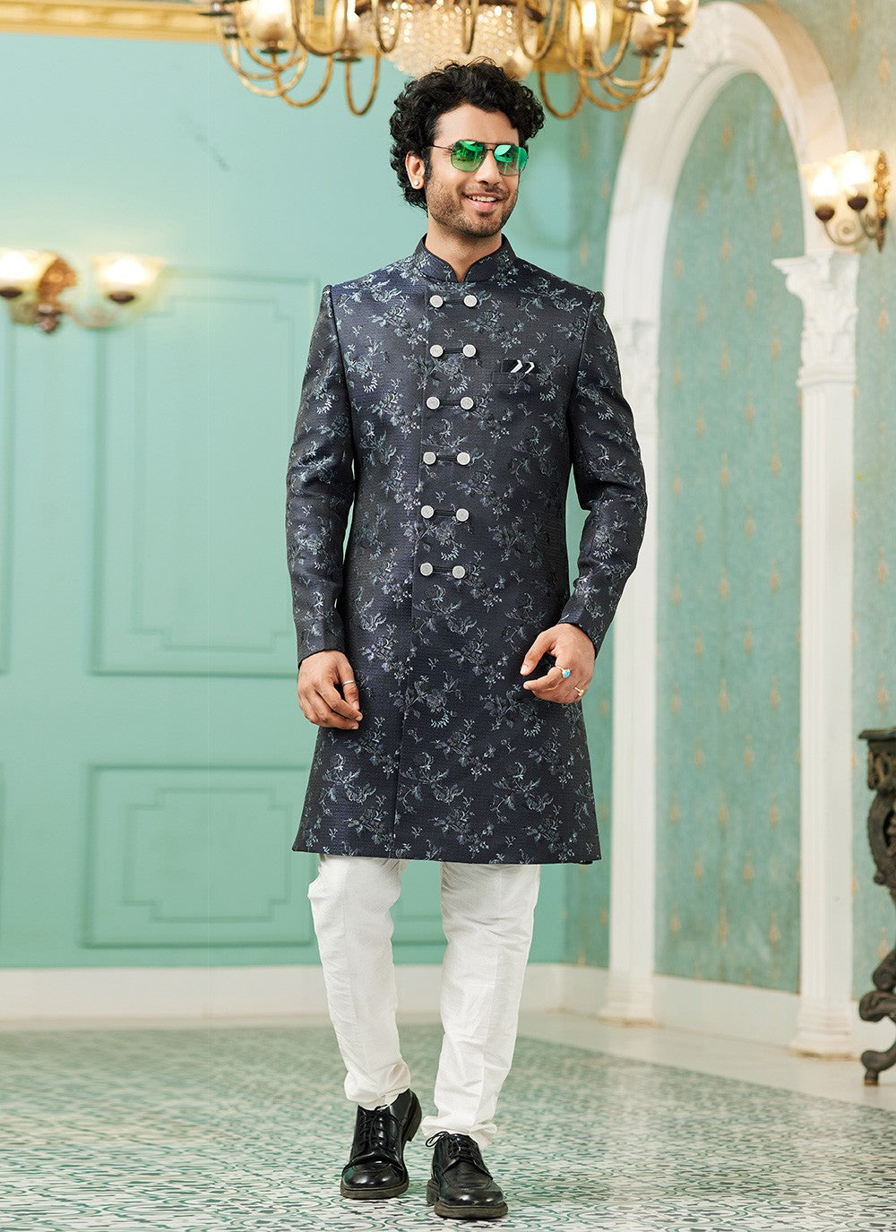 Fancy Work Imported, Jacquard Silk Navy Blue Indo Western - M6449