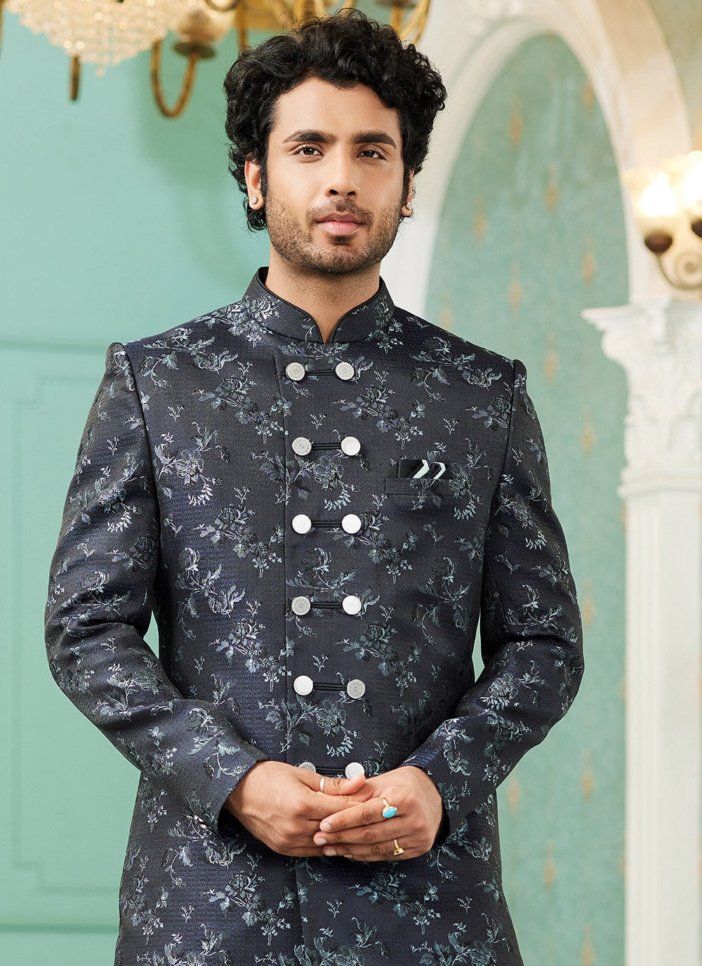 Fancy Work Imported, Jacquard Silk Navy Blue Indo Western - M6449