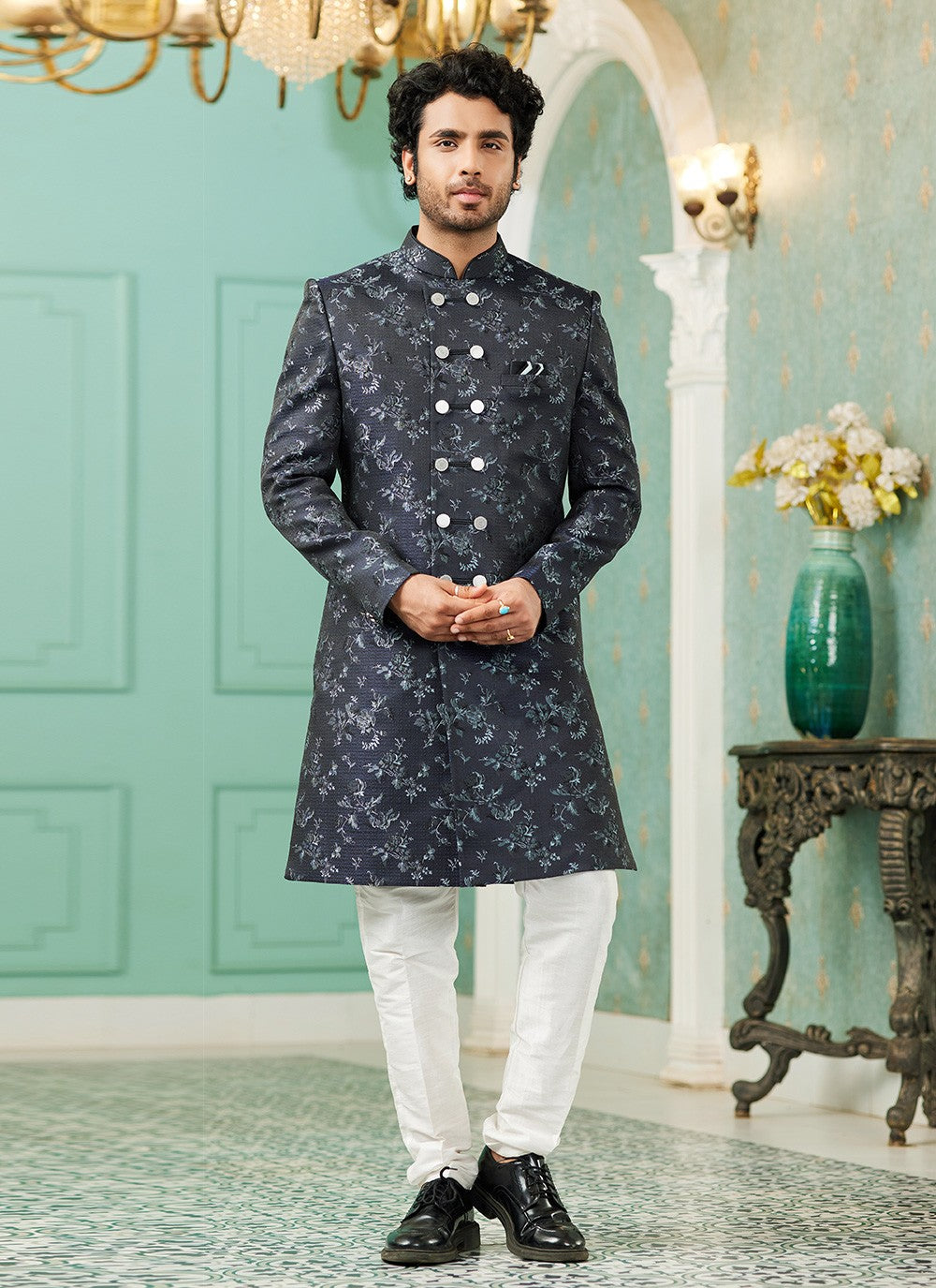 Fancy Work Imported, Jacquard Silk Navy Blue Indo Western - M6449