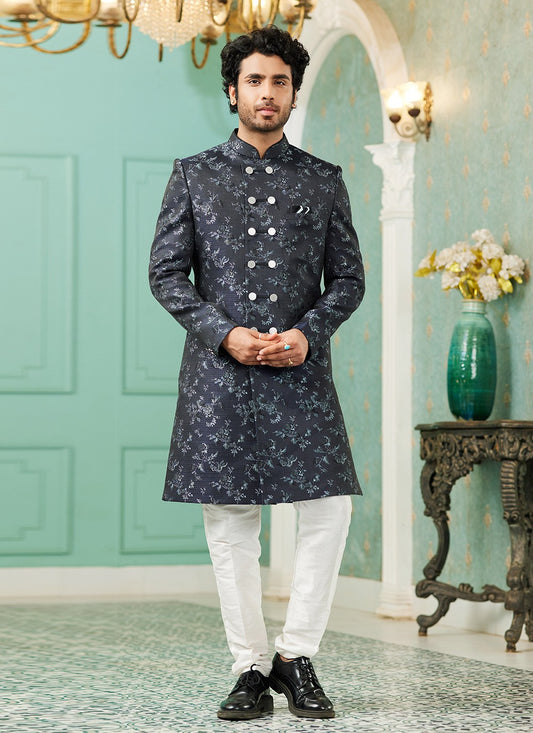 Fancy Work Imported, Jacquard Silk Navy Blue Indo Western - M6449