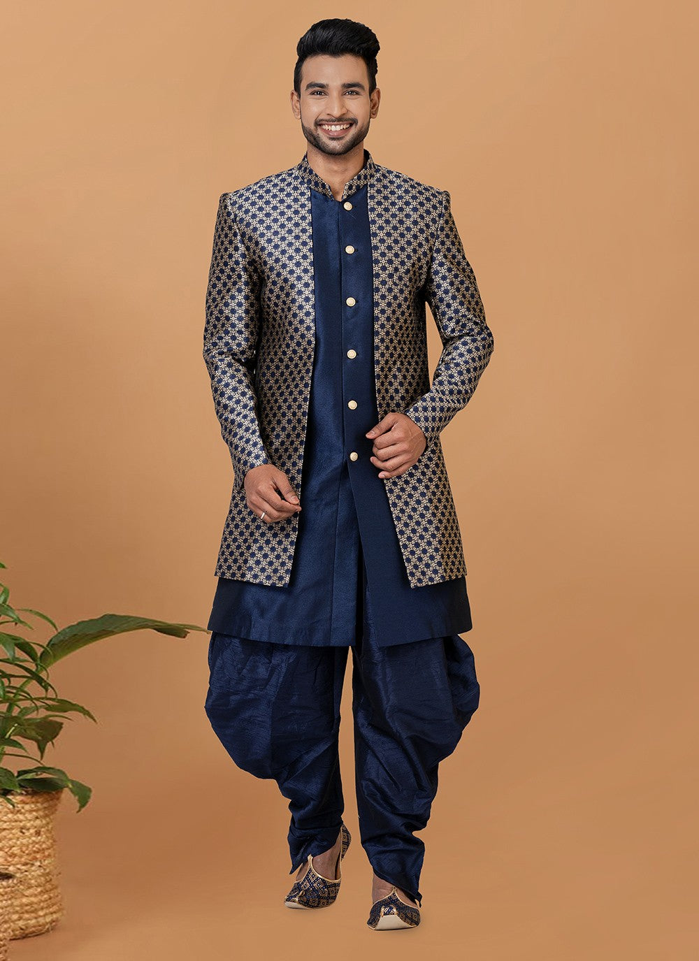 Fancy Work Dupion Silk, Jacquard Silk Navy Blue Indo Western Sherwani - M5996