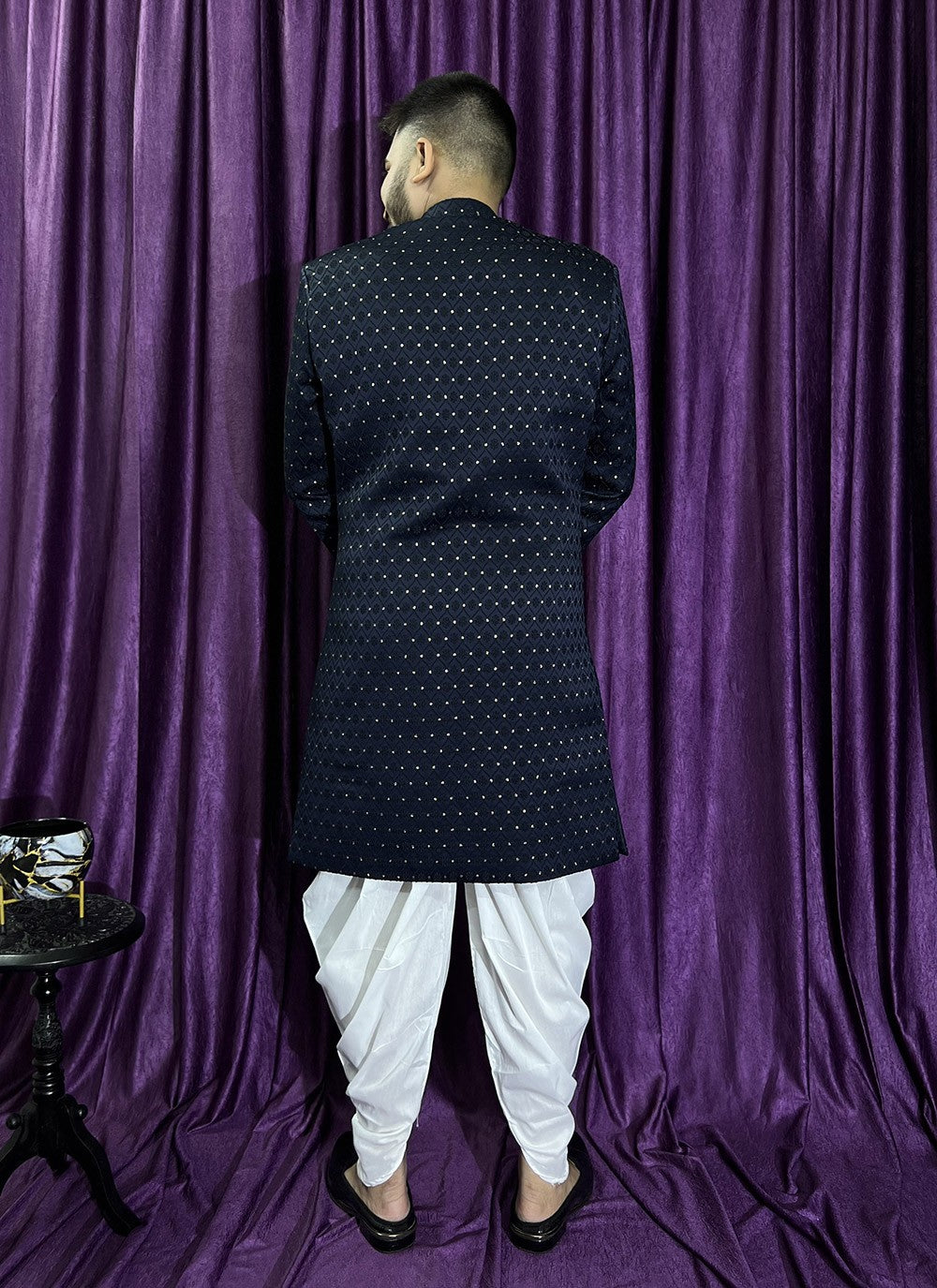 Fancy Work Jacquard Navy Blue Indo Western - M5706