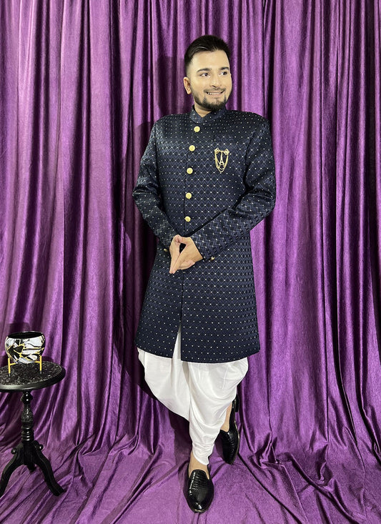 Fancy Work Jacquard Navy Blue Indo Western - M5706