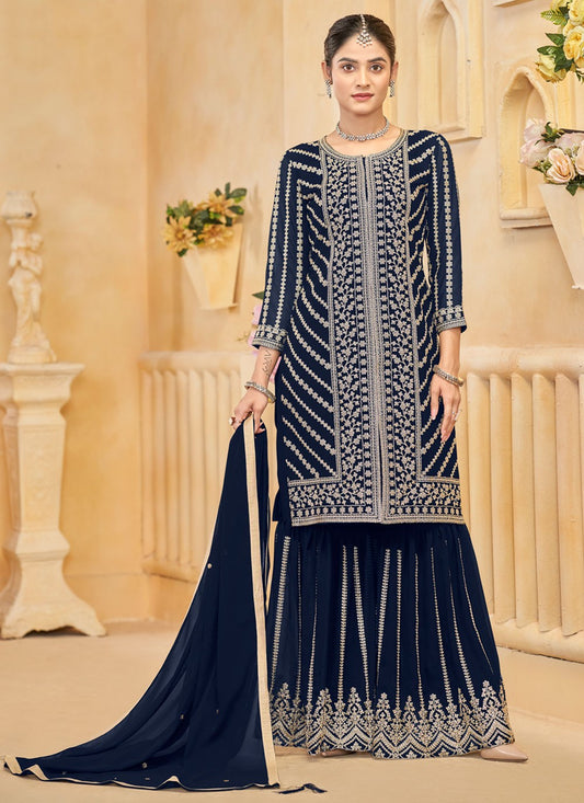 Embroidered Faux Georgette Navy Blue Salwar Suit T6014