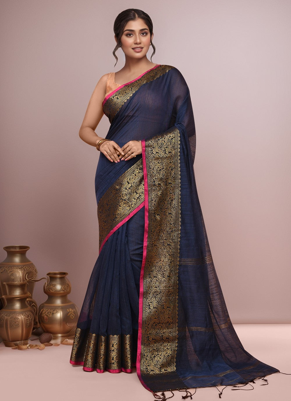 Navy Blue Blended Cotton Classic Saree Border Work S20013