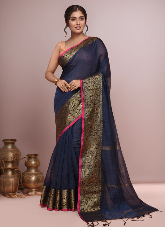 Navy Blue Blended Cotton Classic Saree Border Work S20013